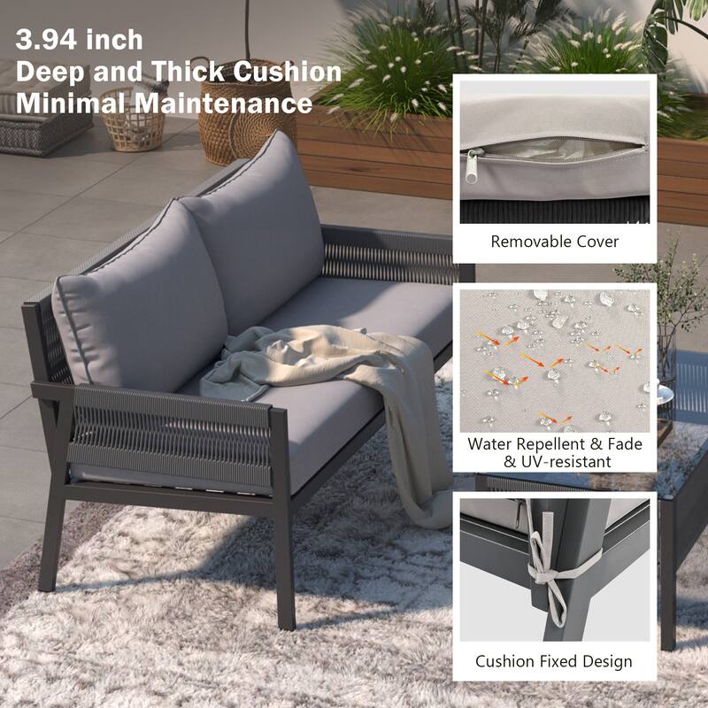 4-Piece Metal Rope Patio Conversation Set with Tempered Glass Table and Cushions