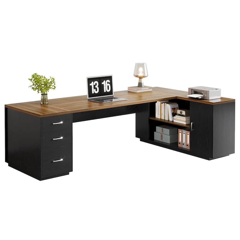 Wood L-Shaped Executive Desk with File Drawers for Home Office