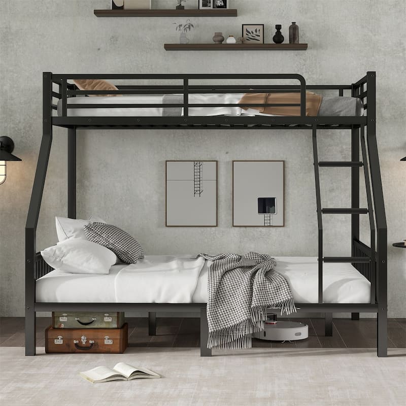 Twin XL Over Queen Metal Bunk Bed with Ladder and Slats Support