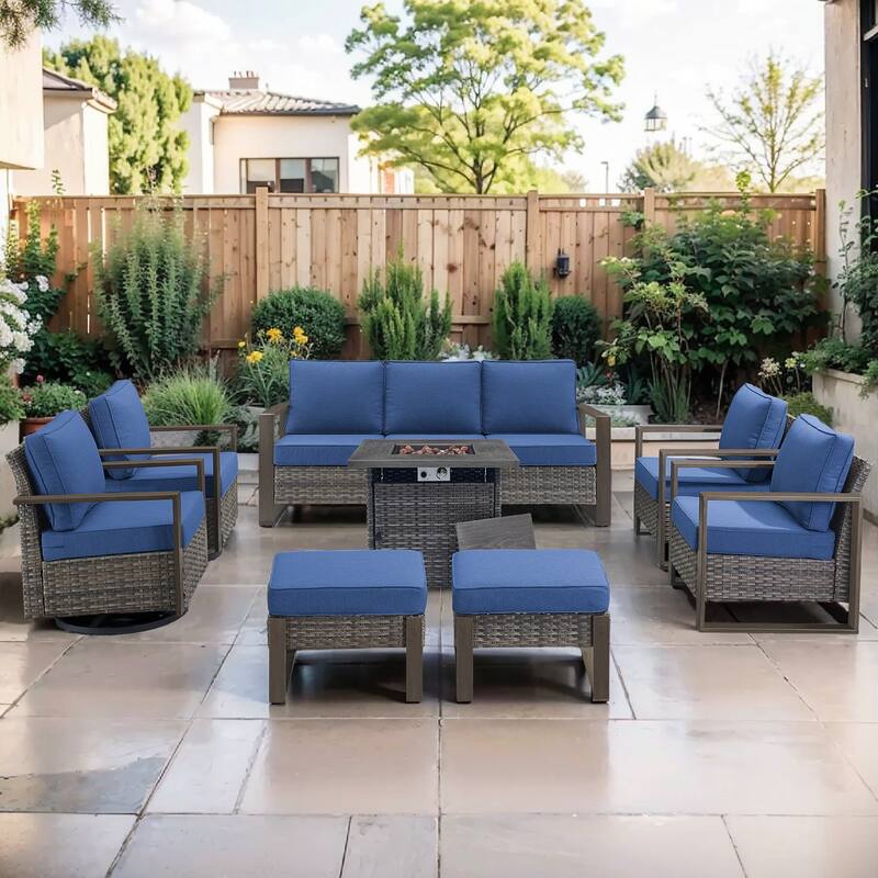 Pocassy Outdoor 30" Fire Pit Table with Sofa Swivel Chair Set - Grey Wicker Blue Cushion - 8-Piece Sofa Chair with Fire Table