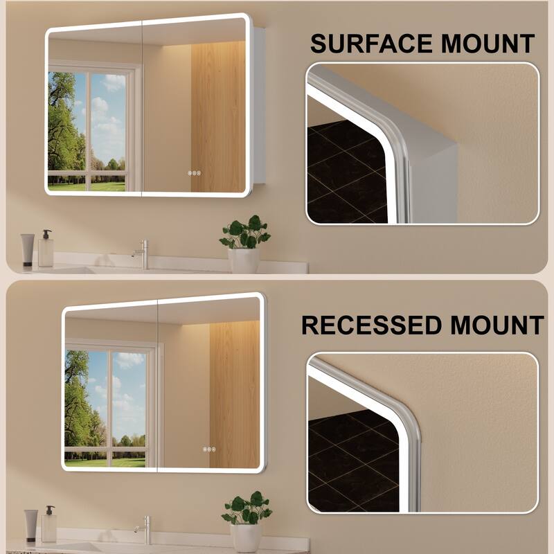 Rounded Edge LED Medicine Cabinet with Mirror, Dimmable, Anti-fog, Adjustable Shelves, Recessed or Wall Mount, ETL Certified