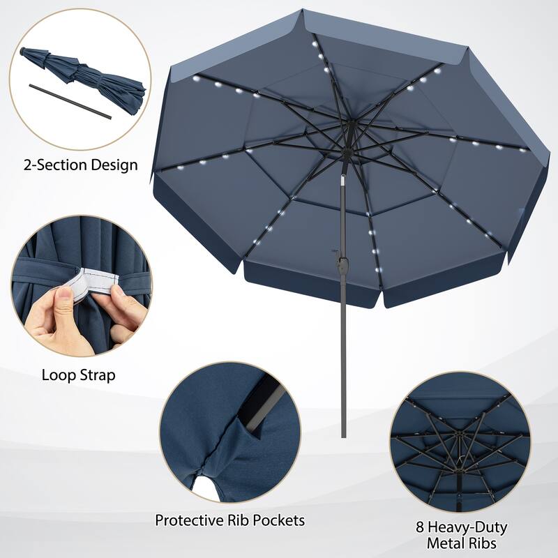 10FT Polyester Patio Umbrella with Solar Lights and Tilt Crank 3-Tier Vented Shade for Backyard