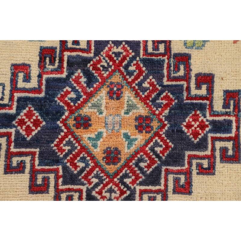 Ivory Geometric Kazak Foyer Rug Hand-Knotted Wool Carpet - 2'9" x 4'2"