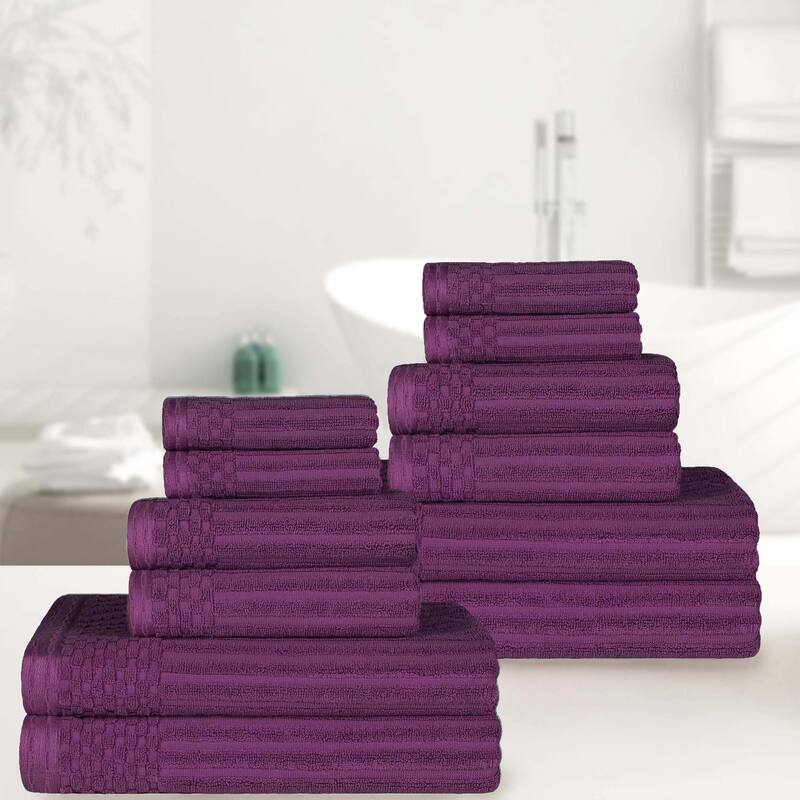 Superior Cotton 12-Piece Solid and Checkered Border Towel Set - Plum