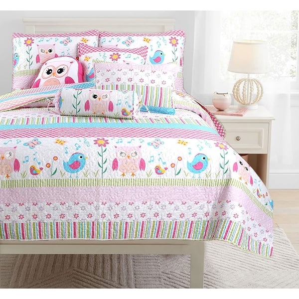 slide 2 of 7, Cozy Line Spring Time Birds Owl Floral Pink Quilt Bedding Set with Throw Pillows