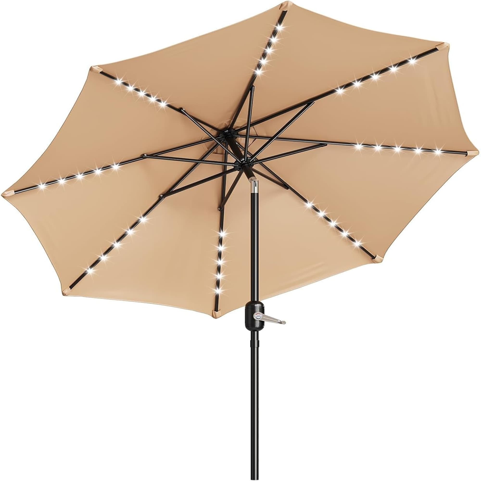 10Ft Solar Patio Umbrella 40 LED Lights Crank Tilt Polyester Tan