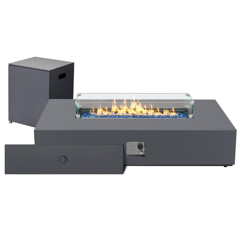 Patio Watcher iron outdoor fire pit table with gas tank cover, lid, and glass wind guard