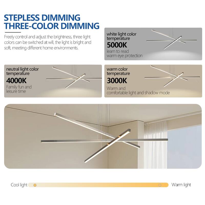 48-Inch Modern LED Chandelier ， Adjustable 3-Arm Geometric Design, Energy-Efficient & Sleek Metal Finish - Chrome