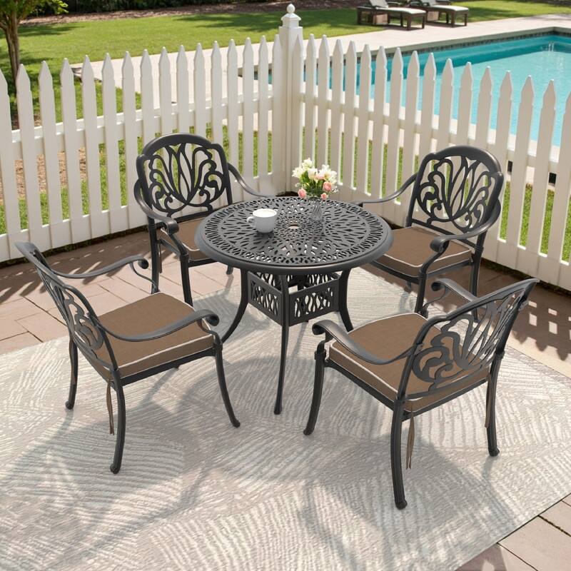 3/5-Piece Cast Aluminum Outdoor Dining Set with 35.43 in. Round Table and Seat Cushions - Black( 5-Piece Sets-A)