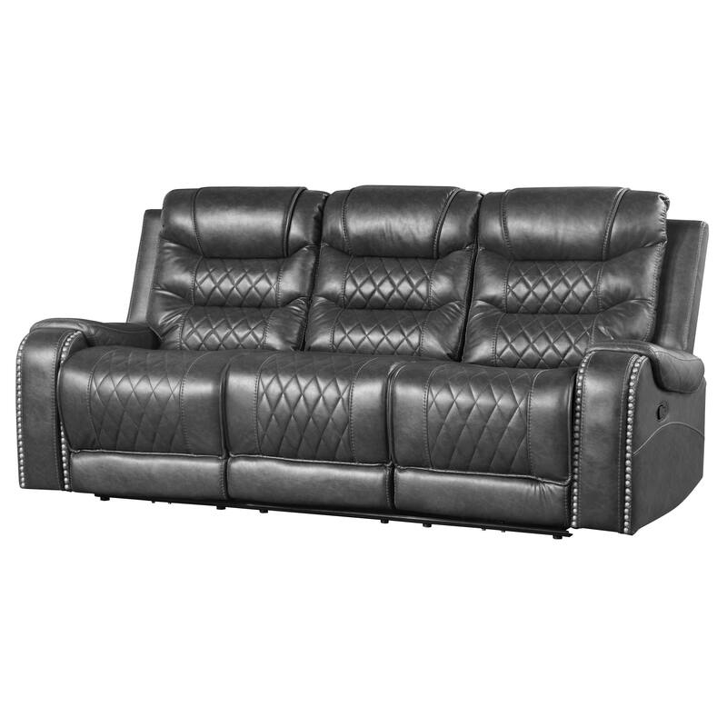 Paul 87 Inch Power Recliner Sofa, Drop Table Cupholders Gray Faux Leather