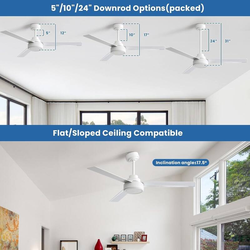 52Inch Ceiling Fan without Light, 6 Wind Speeds with Remote Control for Living Room and Patio