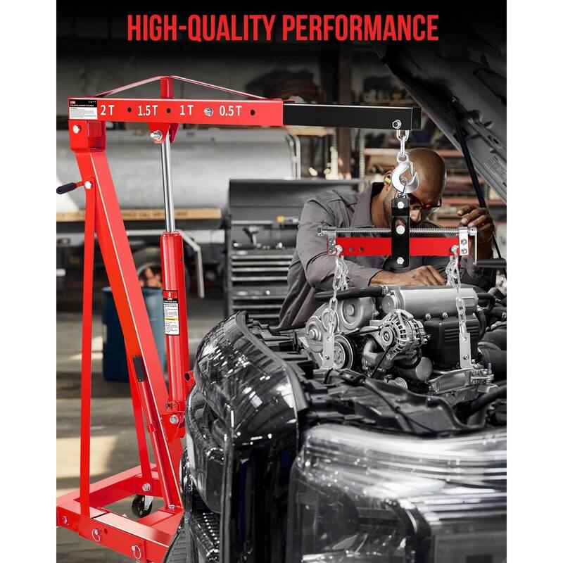 2-Ton Shop Crane, Hydraulic Folding Engine Hoist w/6 Steel Casters - Red with Lever