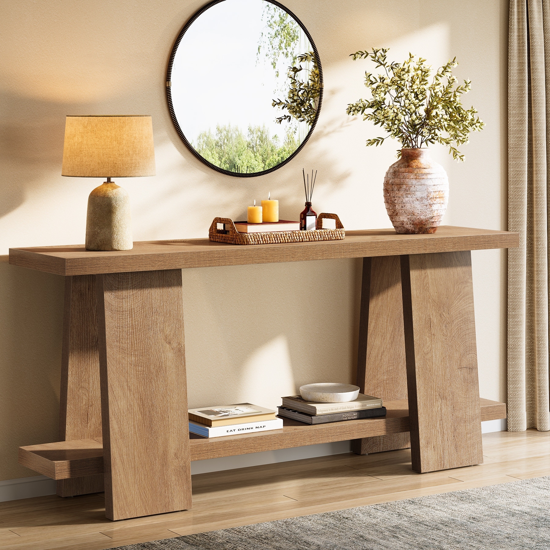70.8-inch Wooden Sofa Table with 2-Tier Storage Shelf - 70.8" L x 11.81" W x 33.4" H