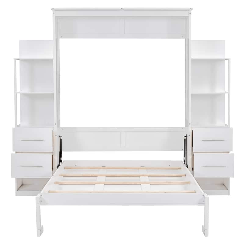 Full Size Murphy Bed Wall Bed with Shelves, Drawers and LED Lights,White