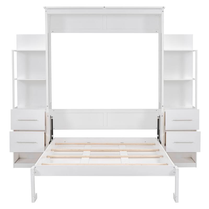 Space-Saving White Murphy Bed with Shelves, Drawers & LED Lights for Multi-Functional Rooms