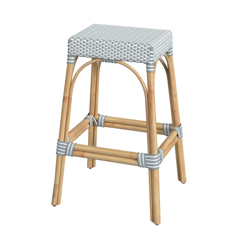 Robias Rectangular Rattan 30" Bar Stool - White/Sky Blue Dot / Natural Rattan Frame