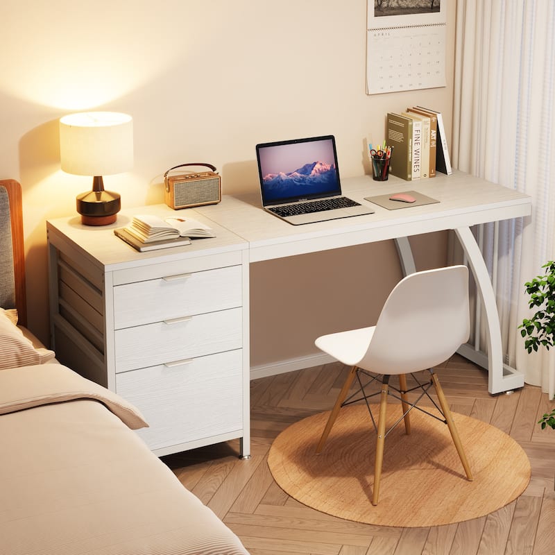 59 inch Reversible Computer Desk with 3 Drawer Cabinet, Industrial Study Writing Table Workstation for Home Office Bedroom