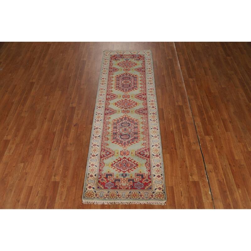 Green Geometric Viss Indian Runner Rug Hand-Knotted Wool Carpet - 2'6"x 7'11"