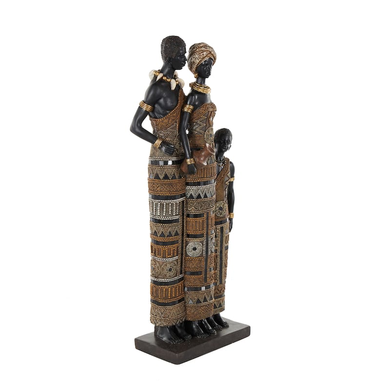 Black Resin Tall African Family Decorative Sculpture with Gold Jewels