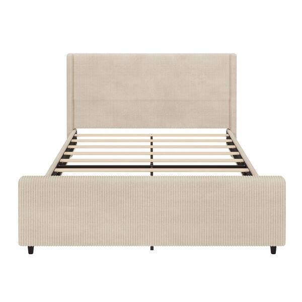 King Size Platform Bed Vertical Stripe Wingback Bed Cream Corduroy Upholstered Frame Low Profile Slat Bed with Footboard