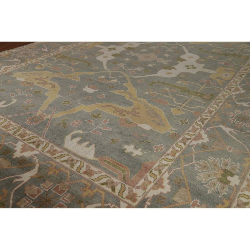 All-Over Gray Green Oushak Indian Large Rug Hand-Knotted Wool Carpet - 11'8" x 17'5"