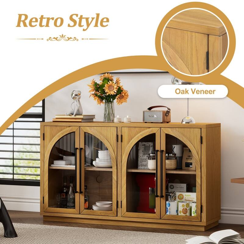 Retro Style Wood Buffet Sideboard with 4 Arched Glass Doors, Kitchen Storage Side Cabinet with Adjustable Shelves
