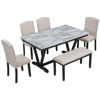 6 Piece Dining Table Set with 4 Upholstered Chairs & 1 Bench, White ...