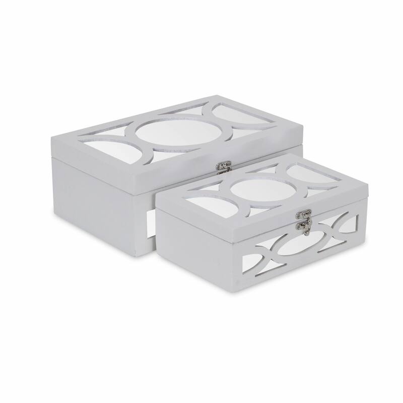 HomeRoots Set of Two White Mirrored Glass And Wood Box With Lid