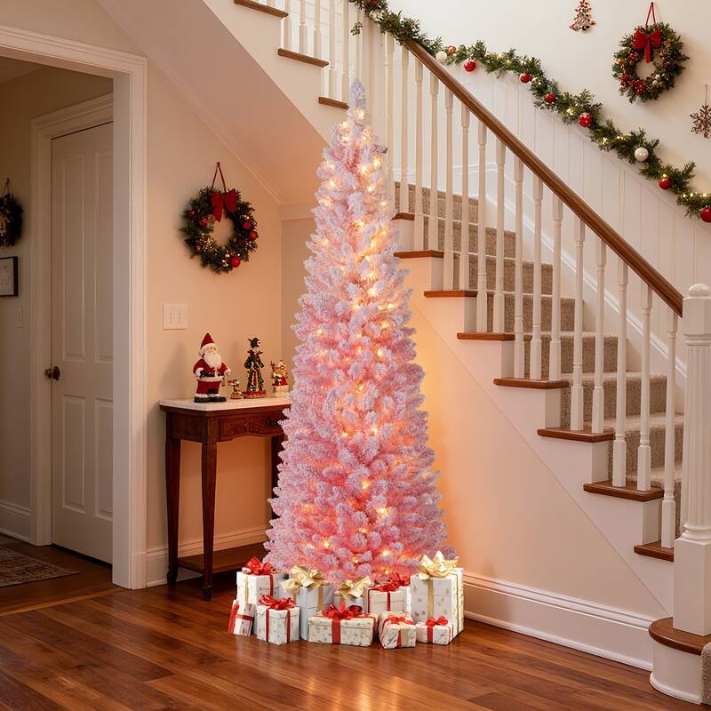 Pink Slim Christmas Tree with LED Lights and Snow-Flocked PVC Branches Included Metal Stand and Gloves