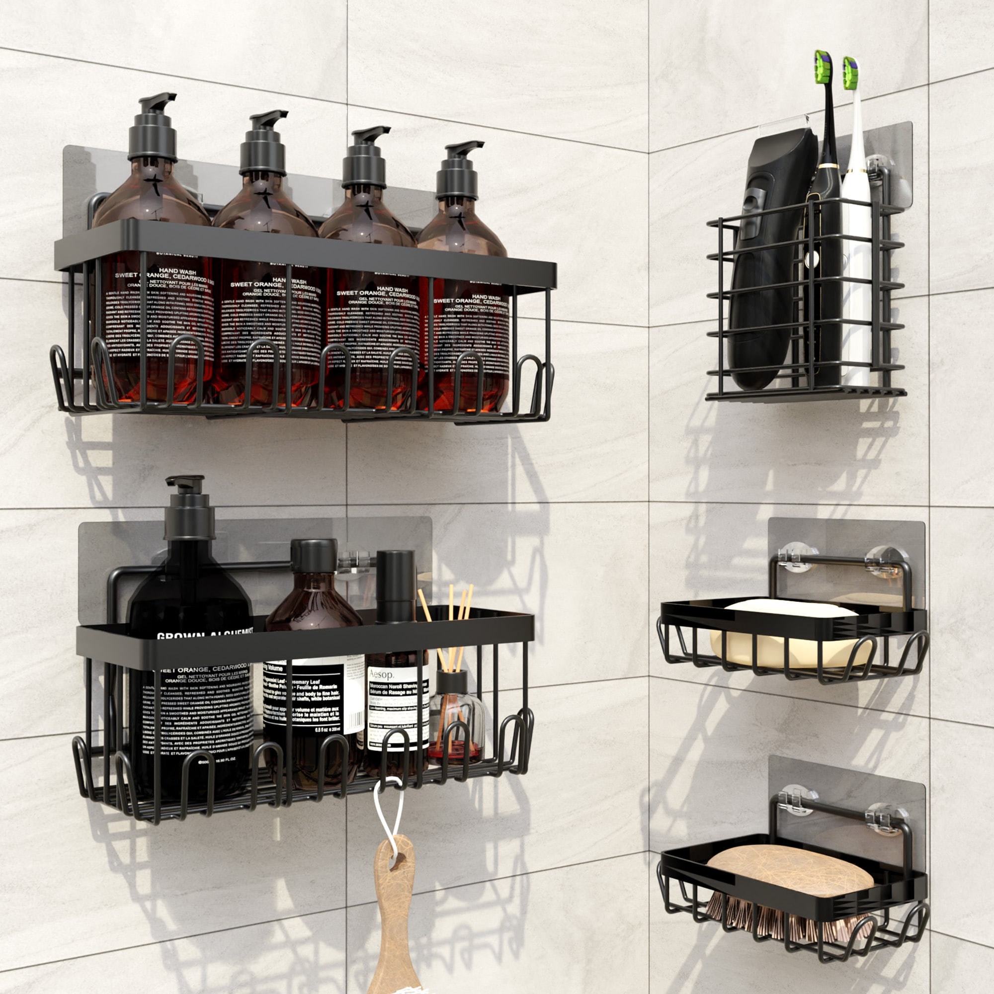 Cheer Collection 5 Pack Stainless Steel Shower Caddy Set Wall Mounted No Drill Storage Organizer - Pack of 5