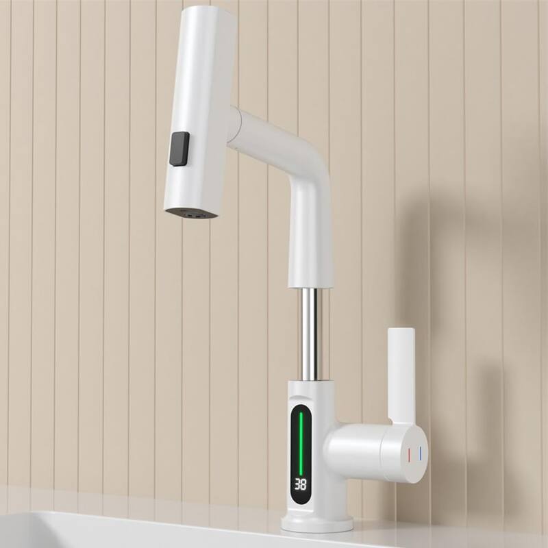 Single Handle LED Bathroom Faucet with Pull-Out Lift Waterfall Smart Temperature Digital Display Bathroom Sink Faucet White