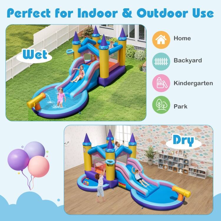 Princess Castle Inflatable Water Park for Kids 7-in-1 Bounce House with Slide, Splash Pool - 197" x 115.5" x 92"