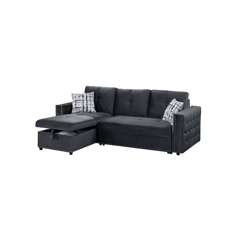 Ero Convertible Sectional Sofa, Storage Chaise, 2 Pillows Black Velvet