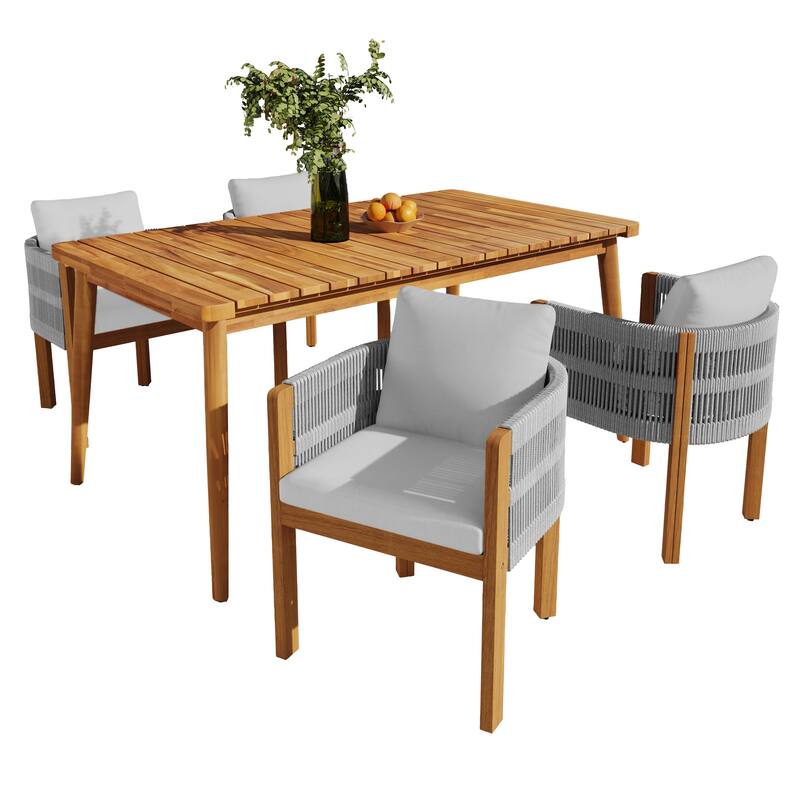 Roomfitters 5-Piece Outdoor Dining Set, Acacia Wood Patio Table and 4 Rope Woven Armchairs with Cushions