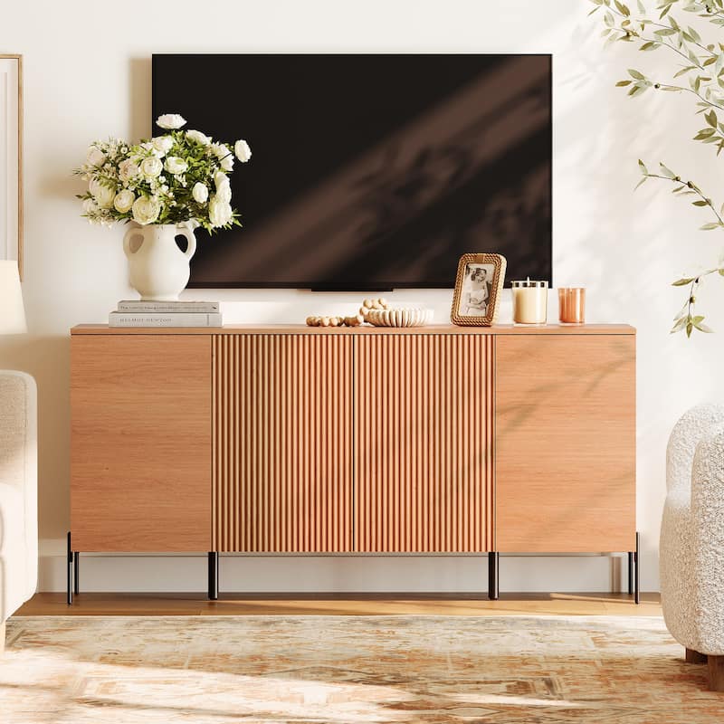 WAMPAT 61" Modern TV Stand For Tvs Up To 70 Inch, Reeded Entertainment Center With Storage, Wooden TV Console With 4 Doors - Mocha