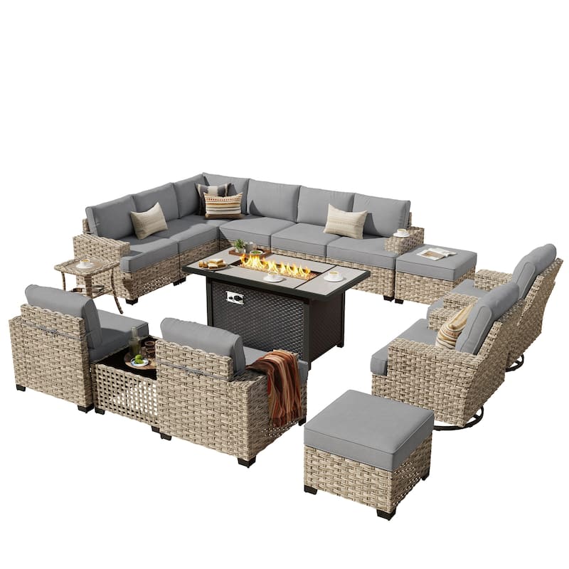 HOOOWOOO 15-piece Outdoor Sofa Patio Wicker Furniture Sectional Set with 54" Fire Pit Table