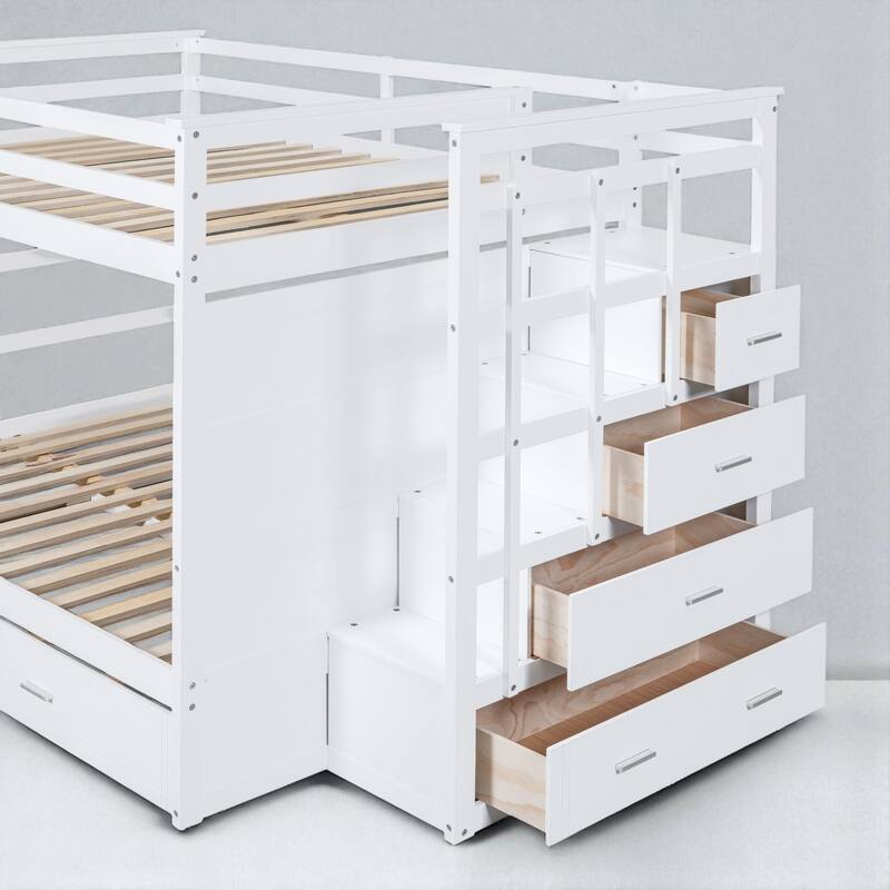 Twin Over Twin Bunk Bed with Trundle and Storage Drawers, Staircase Bunk Frame for Kids and Teens