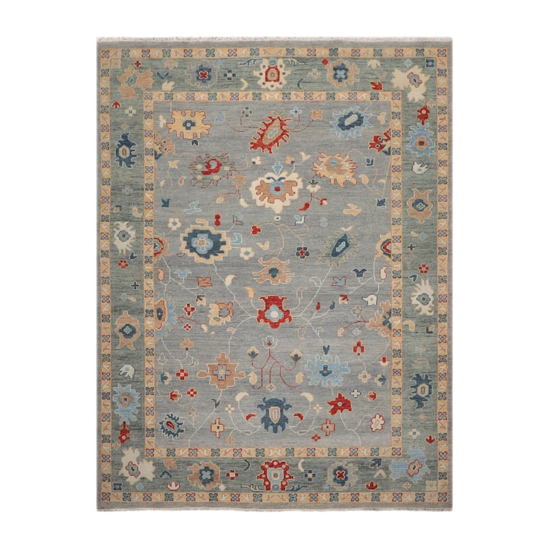Hand Knotted Oushak Slate All-Over Wool Arts & Crafts Oriental Rug - 9' 1'' x 11'