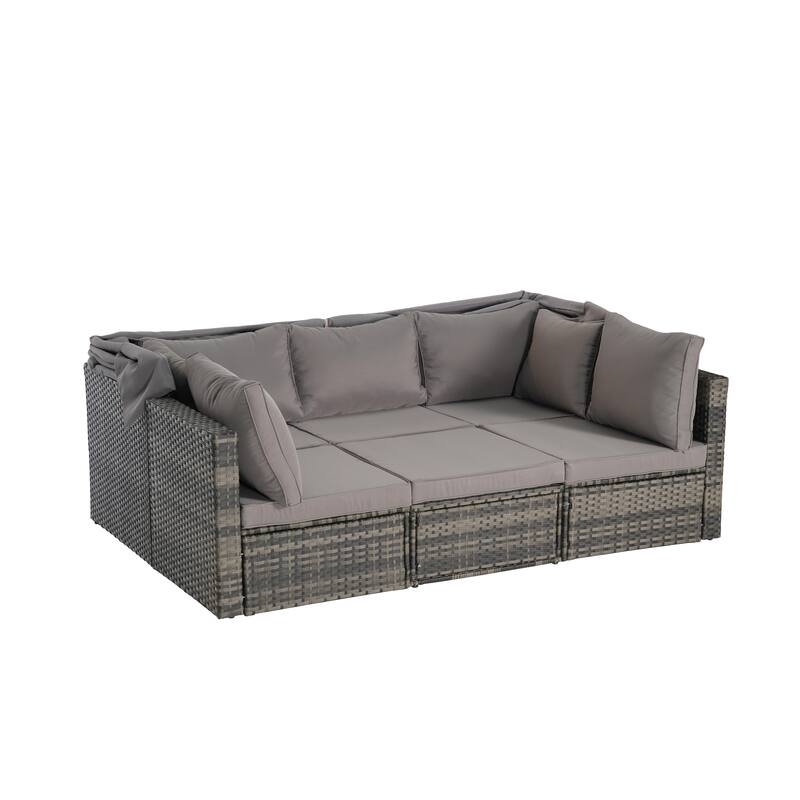 5-Piece Outdoor Patio Wicker Daybed Set with Retractable Canopy, Storable Table