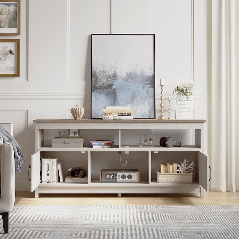 Farmhouse TV Stand for up to 65" TV with Doors and Open Shelves Media Console Power Outlet
