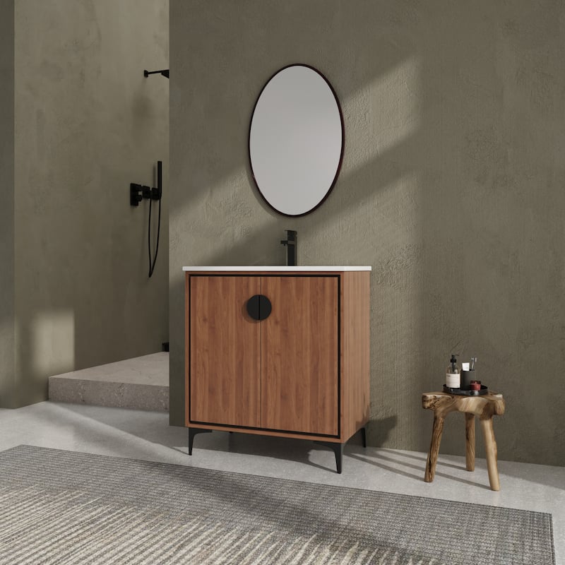GDFStudio - Levistar Modern Freestanding Bathroom Vanity Cabinet with Ceramic Sink, Soft Close Doors & Metal Tripod - 30"