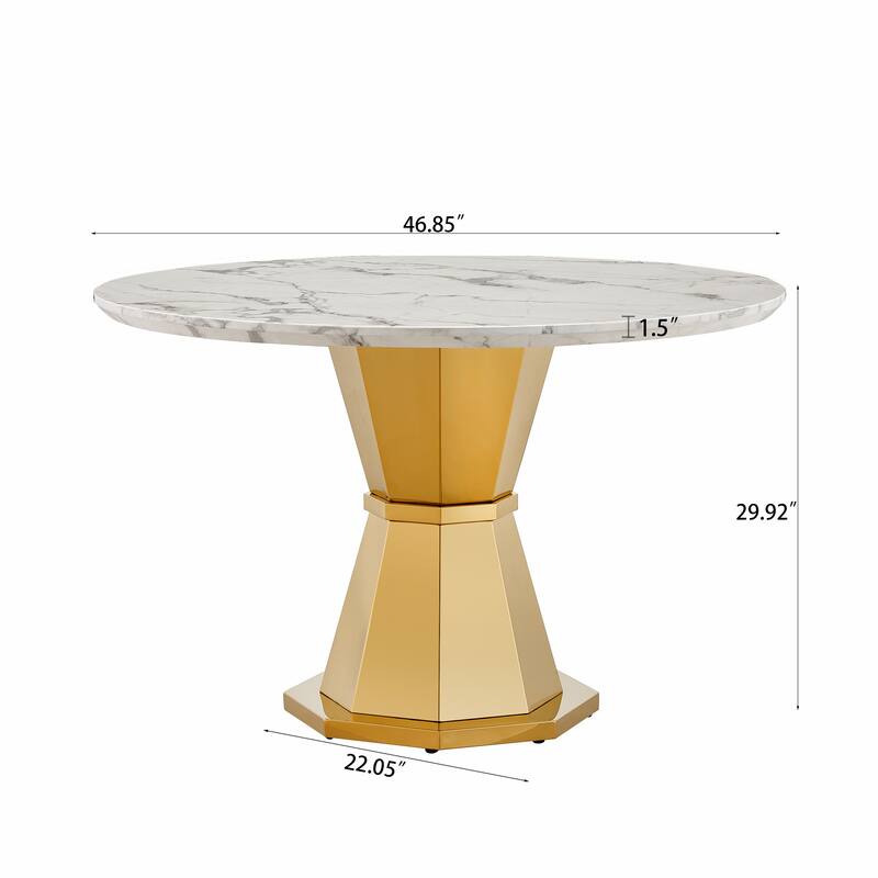47" Round Dining Table with Faux Marble Tabletop and Stainless Steel Base - Gold+White