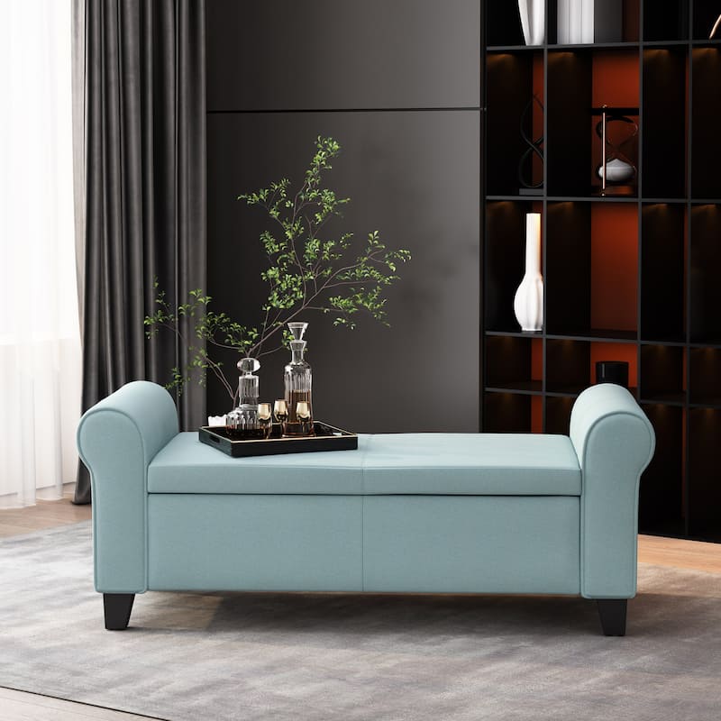 Hayes Contemporary Fabric Upholstered Storage Ottoman Bench with Rolled Arms by Christopher Knight Home - Light Blue+Dark Brown