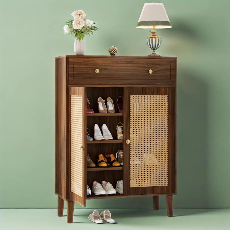 Modern Shoe Cabinet with Adjustable Shelves and Drawer Rattan Panels for Entryway Storage - 31.49”L x 15.74”W x 43.3”H