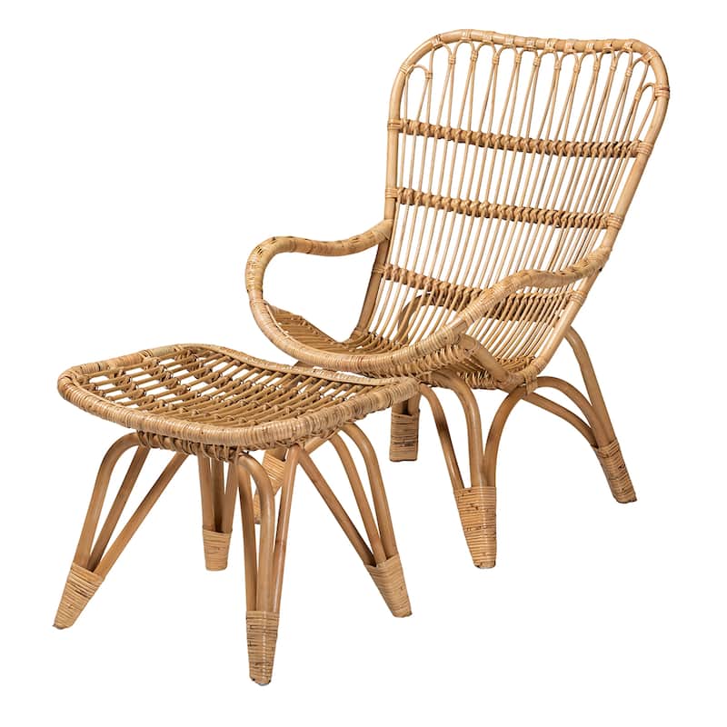 Earvin Modern Bohemian Natural Brown Rattan 2-Piece Armchair and Footstool Set - Natural Brown