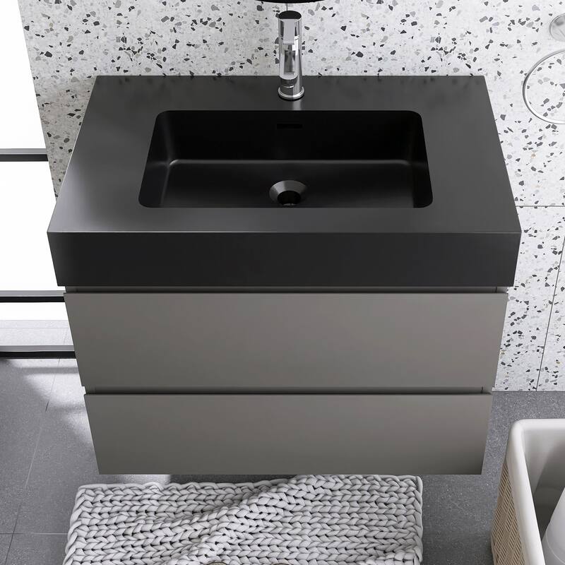 24"/30"/36" Wall-Mounted Bathroom Vanity Set with Black Integrated Quartz Sand Sink