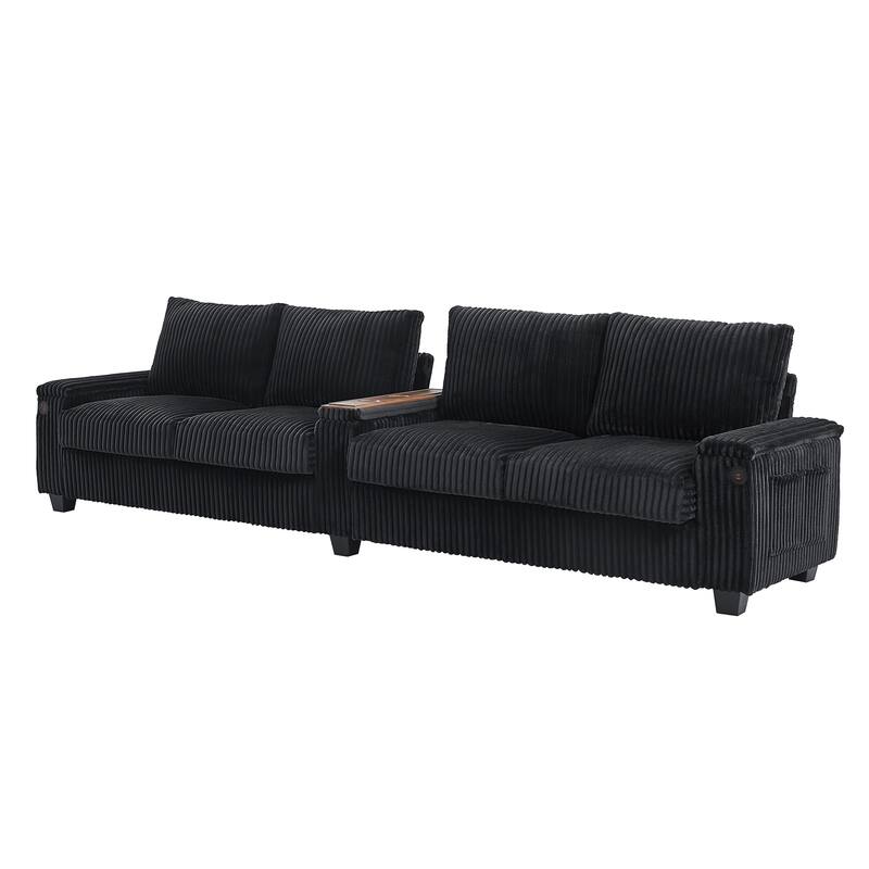 133-In Corduroy Sectional Sofa with USB Ports, Hidden Storage Arms, Flip-Top Cup Holders