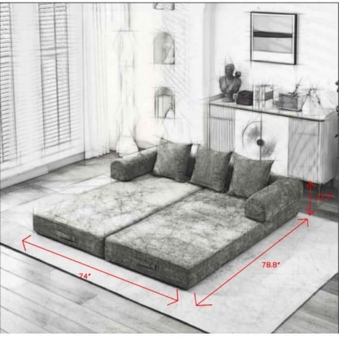 Chenille Floor Sofa Bed - Foldable Mattress Couch with Armrests, Convertible Lounge Chair for Living Room, Bedroom or Studio
