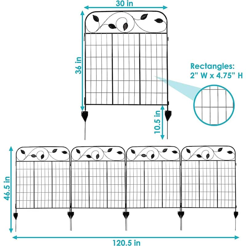 10ft Steel Garden Fencing Panels with Leaf Design Black Powder Coated Yard Border with Stakes - 120.5" W x 36" H