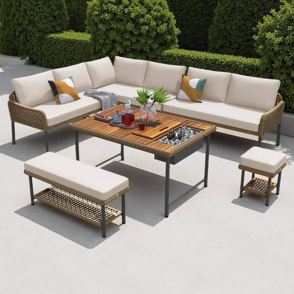 6-Piece Outdoor Patio Rope L-Shaped Sectional Sofa Set with Acacia Wood Table and Ice Box
